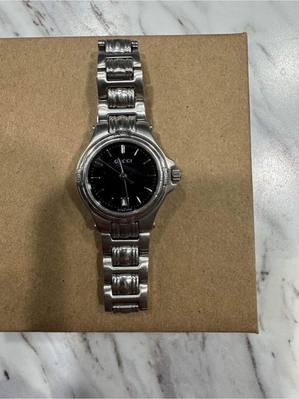 Gucci Silver Link Bracelet Watch with Black Dial